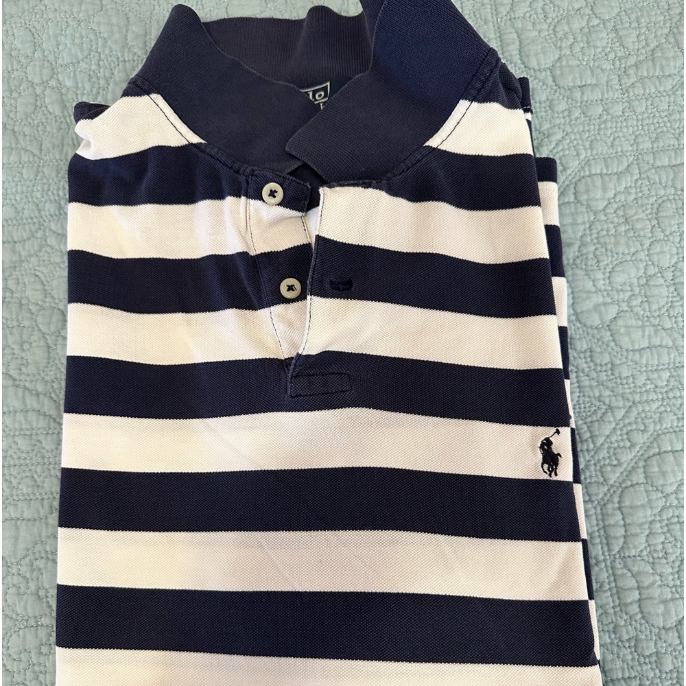 RALPH LAUREN POLO NAVY AND WHITE STRIPE SHIRT. XL.HIS FAVORITE SHIRT OF ALL TIME